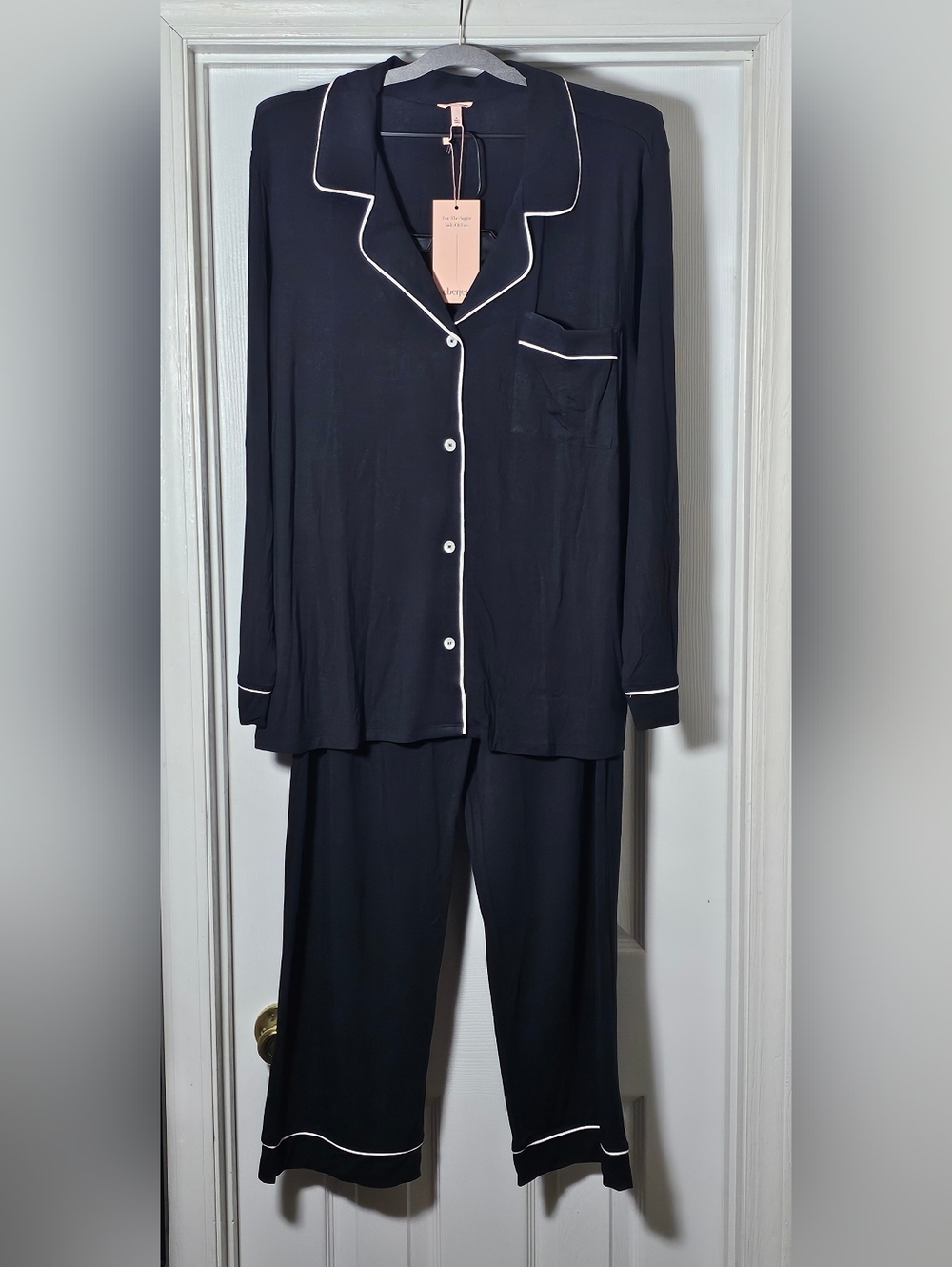 Eberjey Gisele Tencel Modal Long Pj Pajama Set Size XL Black/Sorbet Pink Cozy